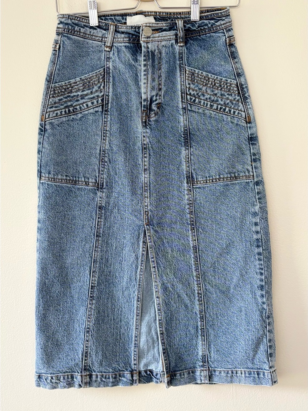 Habitual Denim Midi Skirt Size 0/25 High Rise Front Slit Light Wash Jean Skirt